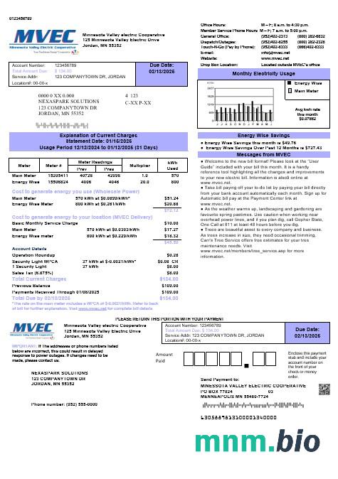 USA Minnesota Valley Electric Cooperative (mvec) szablon rachunku za media Biznesowe w formatach Word i PDF